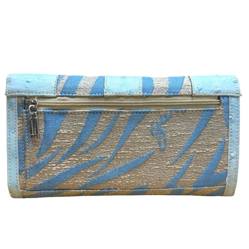 Vintage Y2K Guess Trifold Wallet Leather Canvas Blue Beige Zebra Stripe Retro